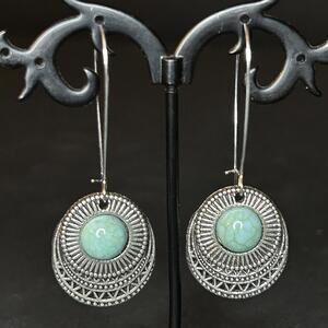 Turquoise Stone and Silver Tone Round Earrings